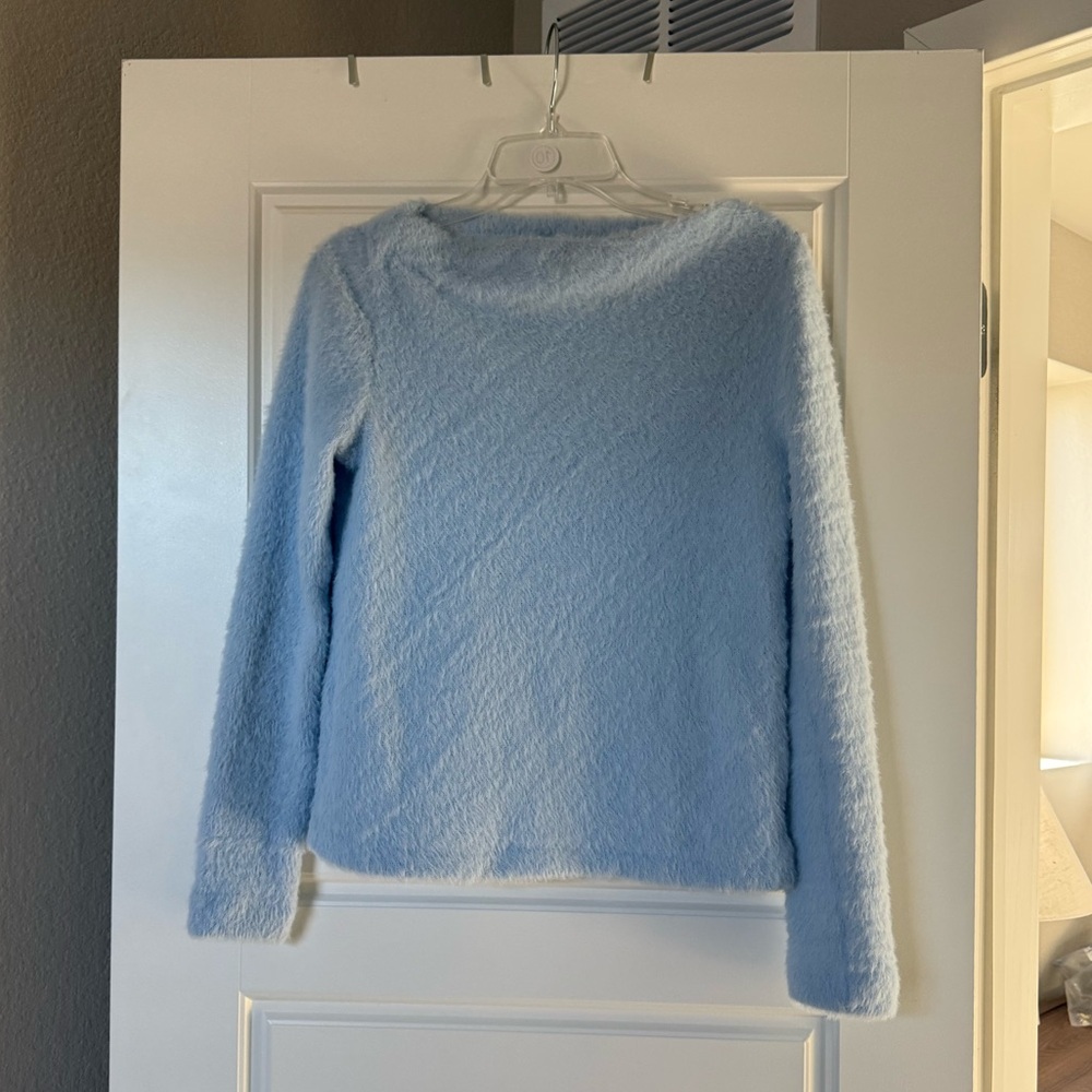 Mango Women's Light Blue Textured Fuzzy Boat Neck Sweater - Picture 3 of 8
